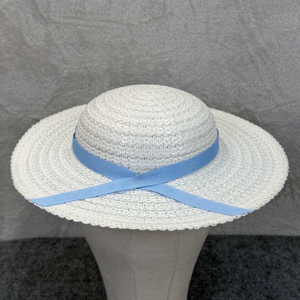 VTG Hat Sun Womens White One Size Wide Brim Bow Crochet Derby Wedding Church